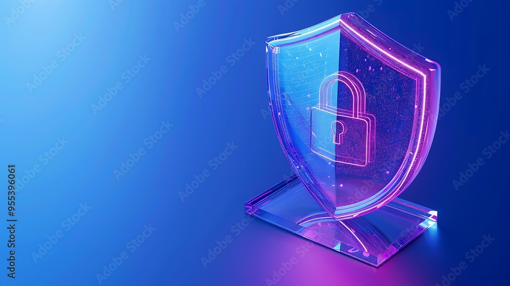 Poster digital security concept with a glowing 3d shield and lock icon representing data protection on a bl