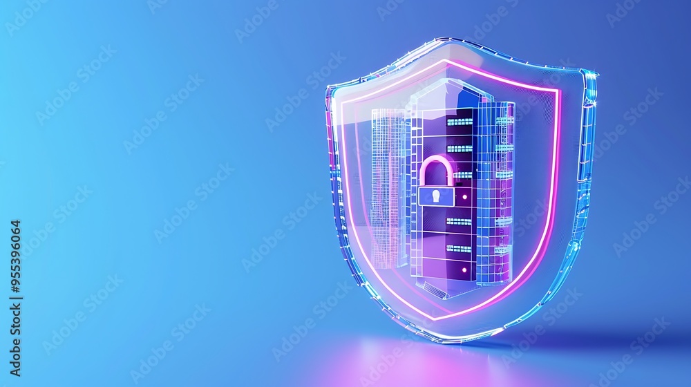 Poster digital security concept with a futuristic shield protecting a server. bright, neon colors on a blue