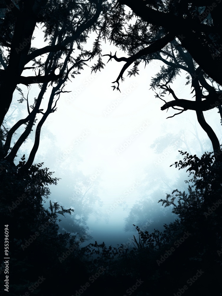 Poster a silhouette of trees framing a misty, foggy forest scene. the trees create a dark and mysterious at