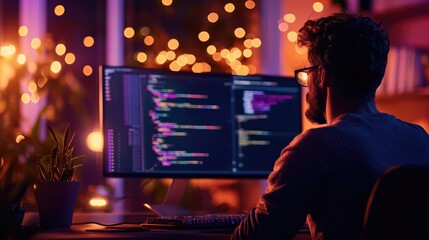 A programmer coding at night, illuminated by a computer screen with dynamic code and soft ambient lighting in a tech atmosphere.
