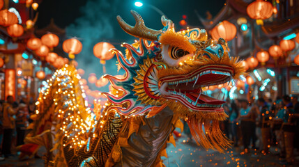 Fototapeta premium A dragon is on display in a city street, surrounded by people