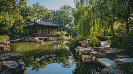 Obraz premium A pond with a stone bridge and a pavilion in the background