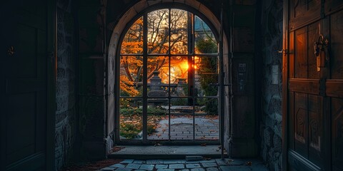 A window with a lamp on the outside