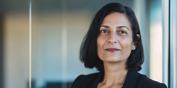 Portrait headshot of professional mature Indian woman wearing business suit, office interior