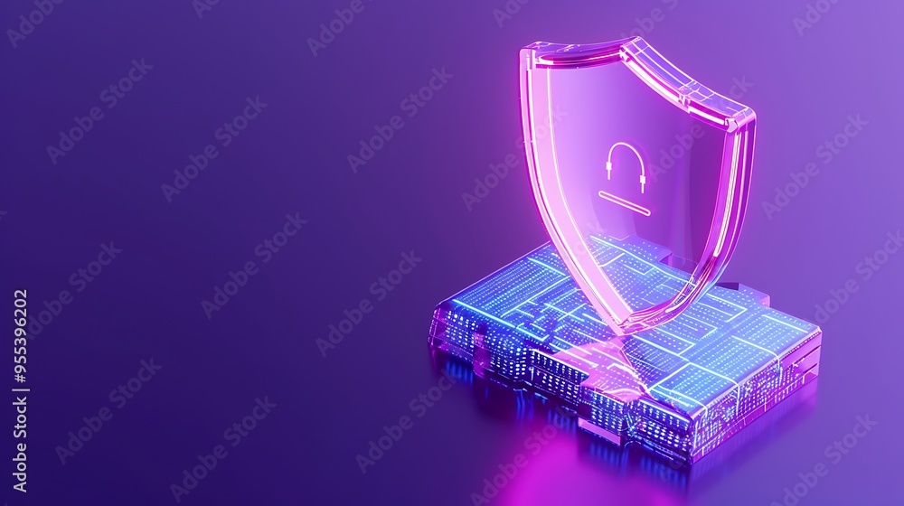 Poster Digital security concept with a glowing pink shield and technology background representing data protection and cybersecurity.