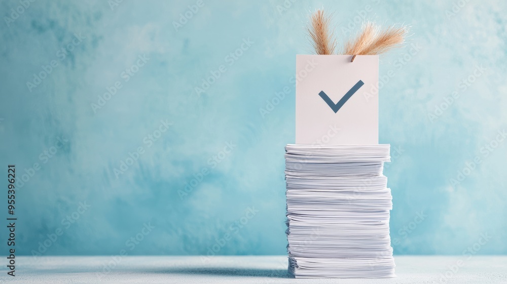 Poster a stack of papers with a checkmark box and decorative elements, symbolizing completion and success i