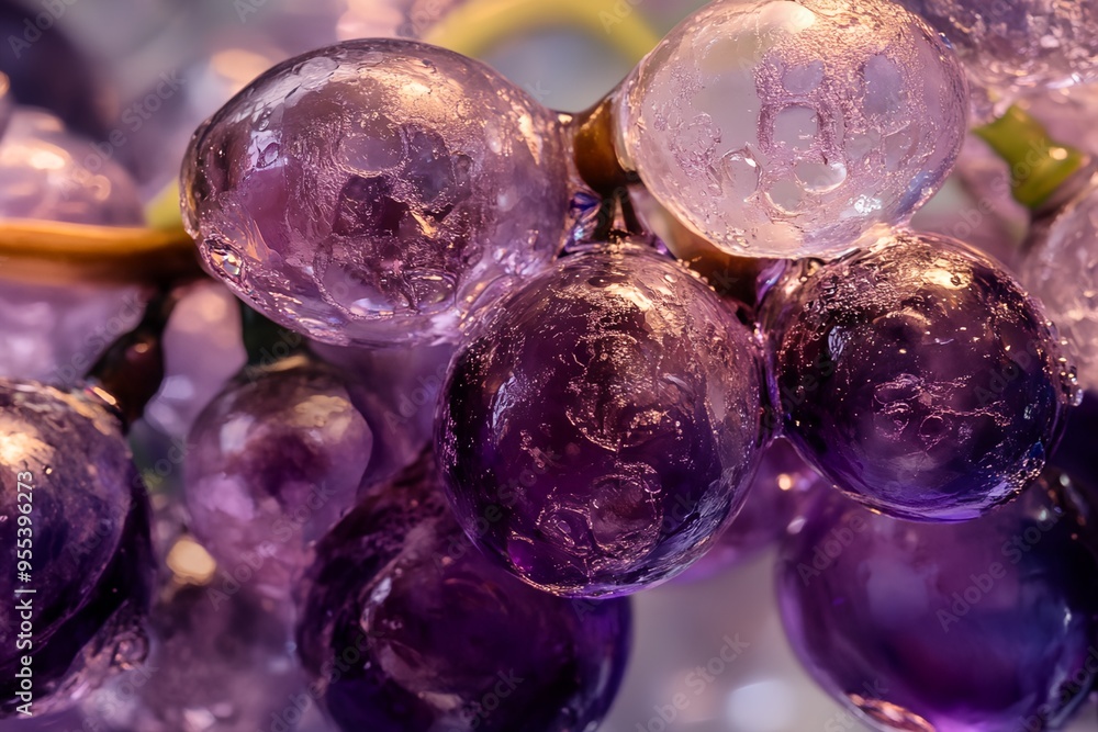 Poster a bunch of purple grapes with a shiny, wet surface. the grapes are arranged in a cluster, with some 