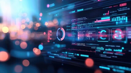 Obraz premium Futuristic digital interface with graphs, charts, and data indicators, showcasing technology and innovation in virtual environments.