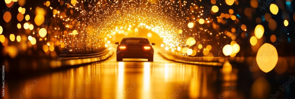Poster a single car drives through a tunnel of twinkling lights, creating a mesmerizing and magical atmosph