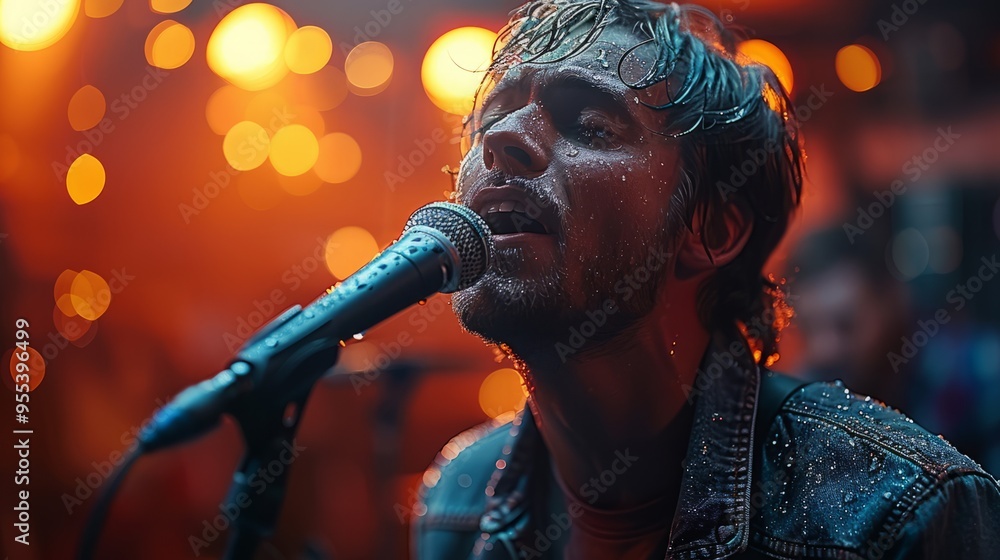 Poster a man singing into a microphone with a microphone in front of him