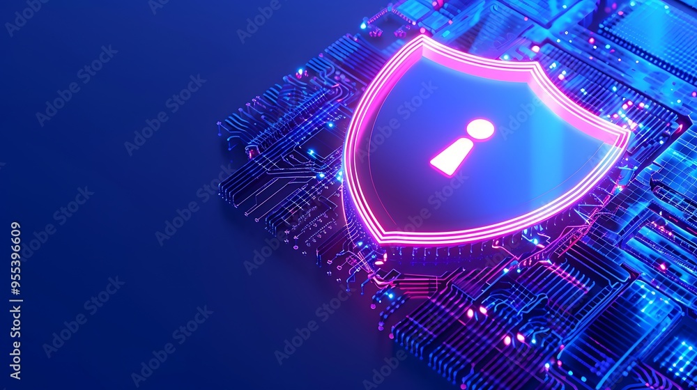 Poster digital security concept with a glowing shield icon on a circuit board, emphasizing data protection 