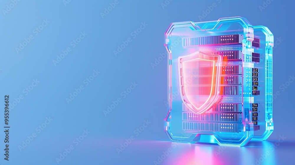 Poster digital security concept with a glowing shield icon on a futuristic circuit board, representing cybe