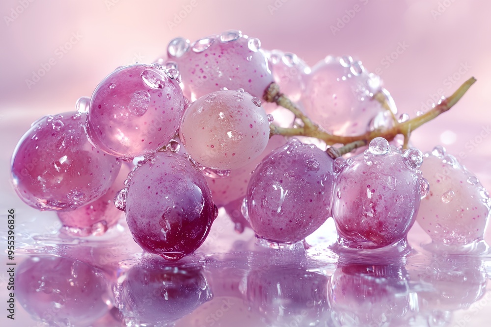 Poster a bunch of grapes with a pinkish hue and a shiny, wet appearance. the grapes are arranged in a way t