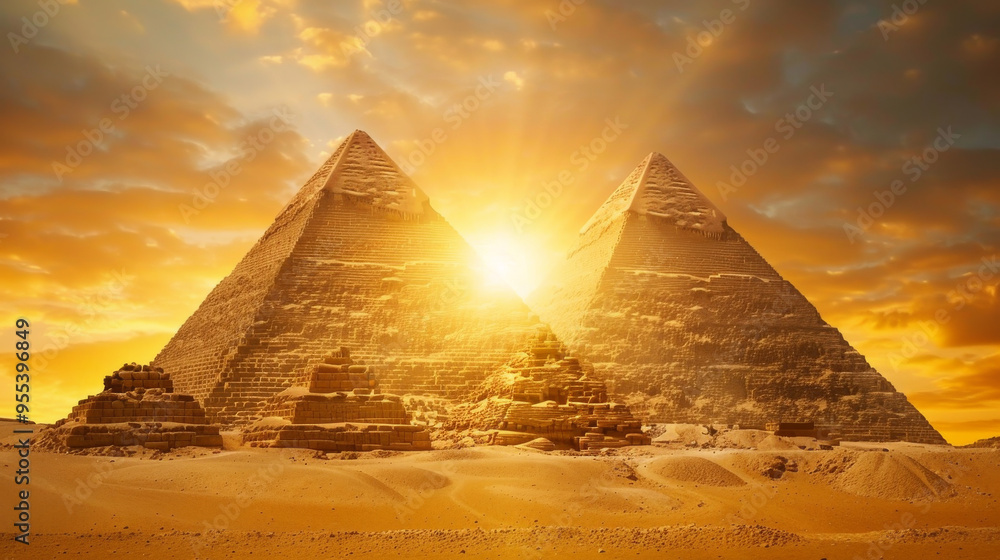 Poster the sun is shining on the pyramids, creating a warm and inviting atmosphere. the golden light highli