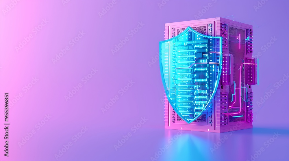 Poster digital security concept with a glowing shield on a circuit board. high-tech protection in a futuris