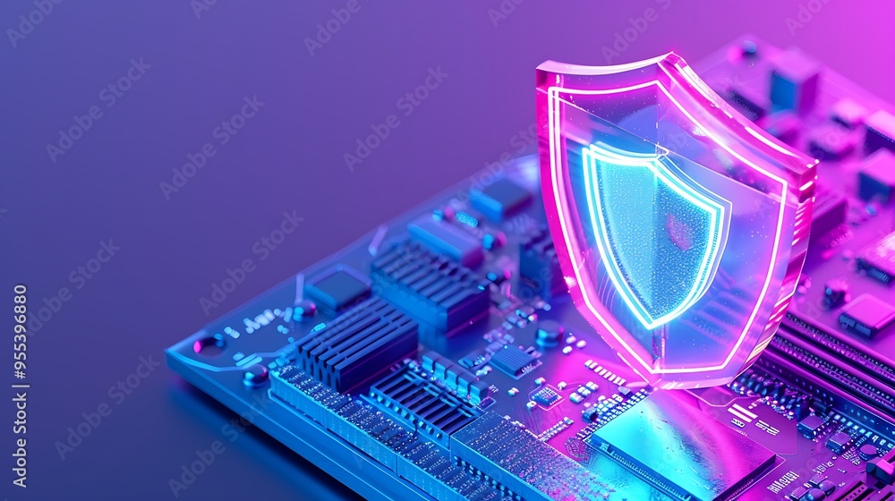 Poster digital security concept with a glowing shield on a circuit board, representing cybersecurity and da