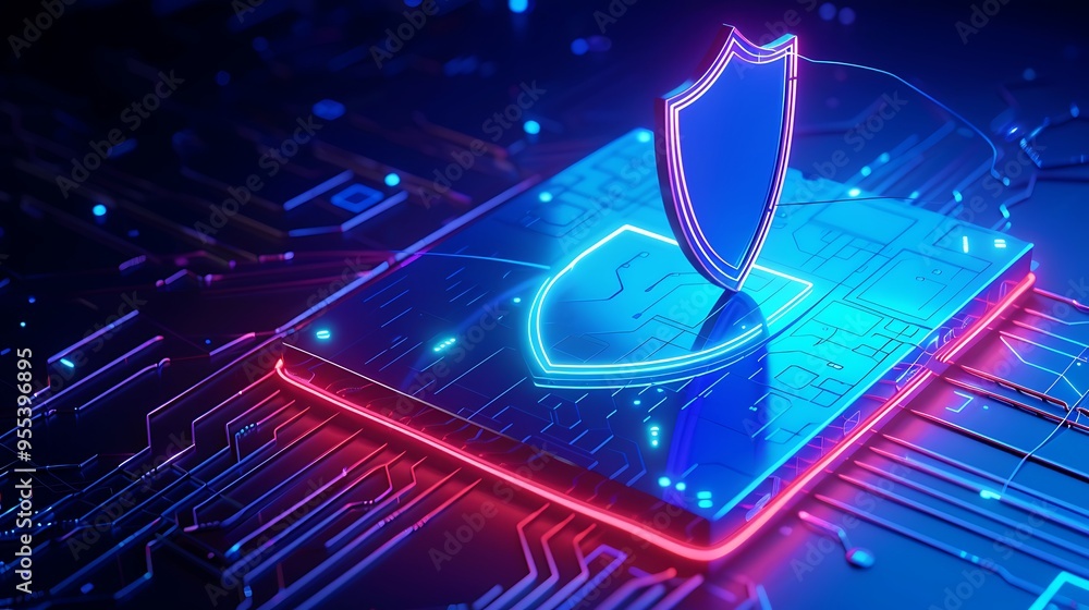 Poster digital security concept with a glowing shield on a microchip, representing cybersecurity and data p