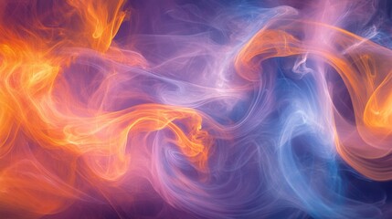 Fototapeta premium A swirling pattern of colorful smoke in shades of orange, purple, and blue, with the smoke artistically curling and merging against a neutral backdrop.