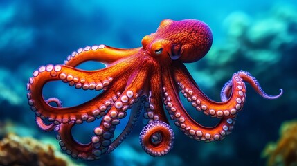 Obraz premium A vibrant and curious octopus swims gracefully among coral reefs in a clear blue ocean on a sunny day