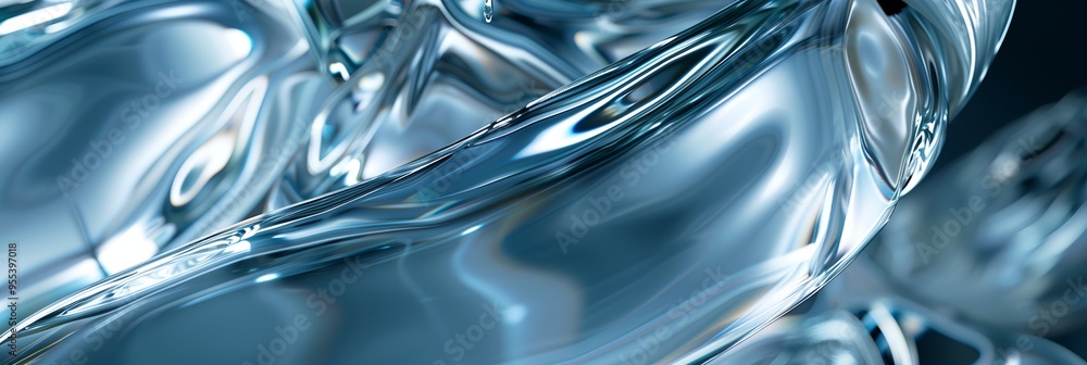 Poster A blue and silver object with a shiny surface. The object is curved and has a reflective quality