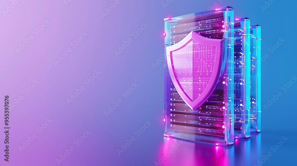 Poster digital security concept with a glowing shield protecting server data. high-tech, cybersecurity, dat