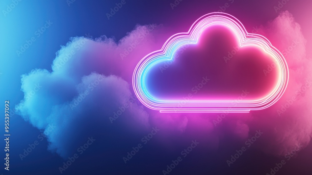 Poster a vibrant cloud with a glowing neon cloud icon, representing technology and data storage concepts in