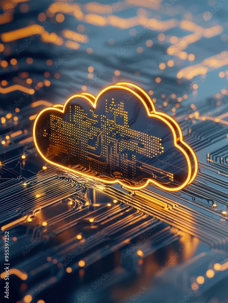 Poster a vibrant digital cloud icon illuminated over a circuit board background, symbolizing modern technol