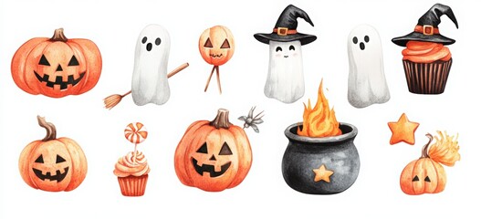 Watercolor Halloween Clipart, цatercolor string and candy Halloween elements such as pumpkins, witches' hats, ghosts, magic wands, a black elegant and beautiful cauldron on a white background