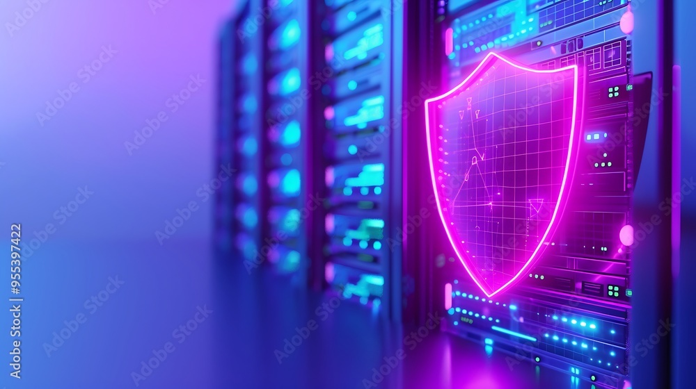 Poster digital security concept with a neon shield icon on server racks in a data center, representing prot