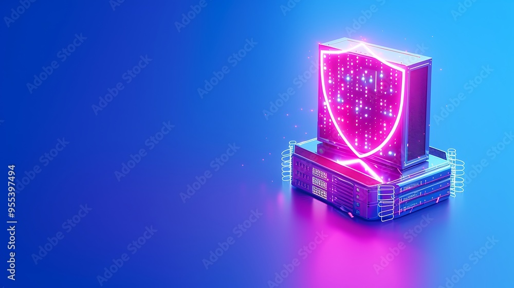 Poster digital security concept with a neon shield on servers protecting data from cyber threats, against a