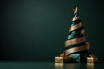 A minimalist Christmas tree wrapped in a gold ribbon, topped with a star and accompanied by golden...