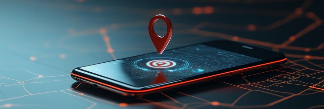 A smartphone with a digital map interface displaying a red location pin hovering above the screen, representing the concept of geofencing and location-based services.