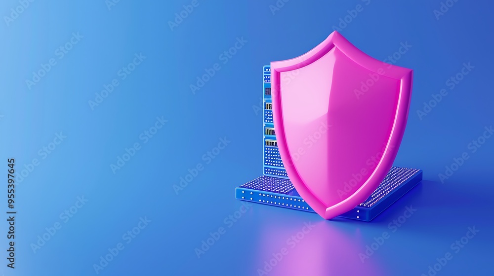Aufkleber digital security concept with a pink shield icon and a computer circuit board on a blue background, 