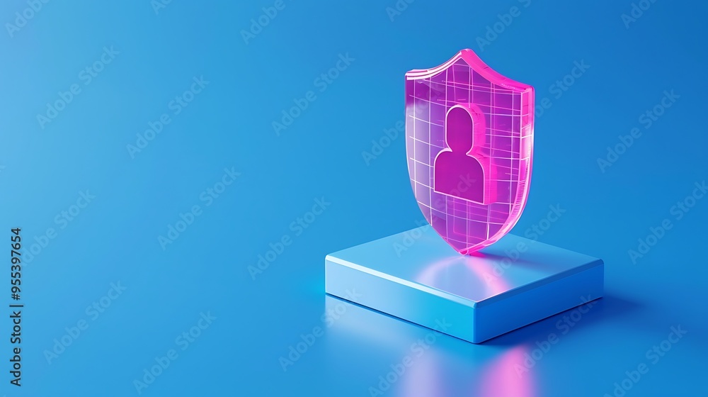 Poster digital security concept with a pink shield and user icon on a blue background symbolizing data prot