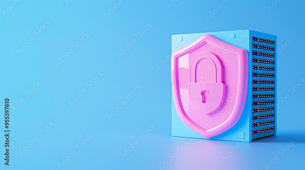 Poster digital security concept with a server and a pink shield padlock icon, emphasizing data protection a