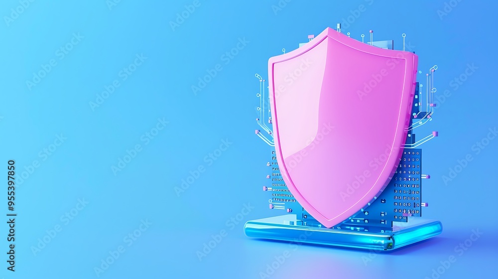 Poster digital security concept with a pink shield over a complex circuit board background on blue gradient