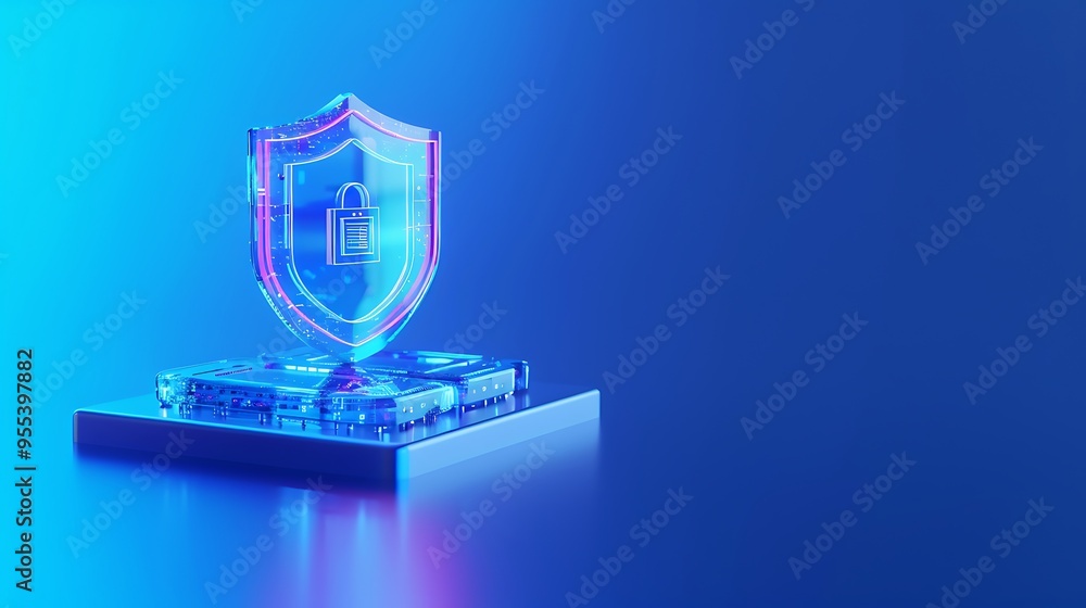 Poster digital security concept with a shield and a lock on a blue background, representing data protection