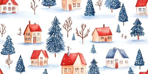 A winter scene with houses and trees. The houses are red and white and are spread out across the snowy landscape. The trees are bare and the snow is covering the ground