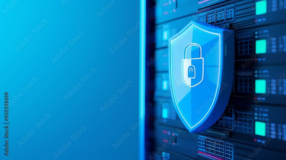 Poster digital security concept with a shield and padlock icon on a server background, representing data pr