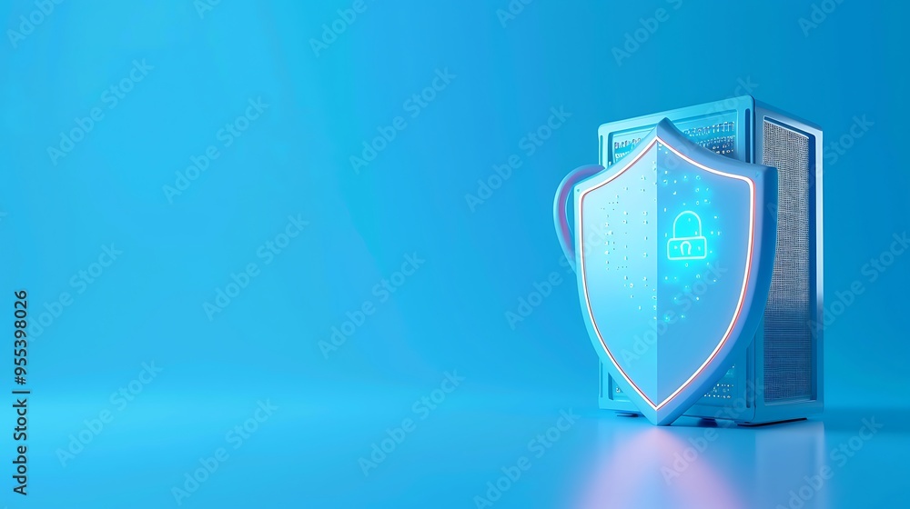 Poster digital security concept with a shield and server on a blue background, representing data protection