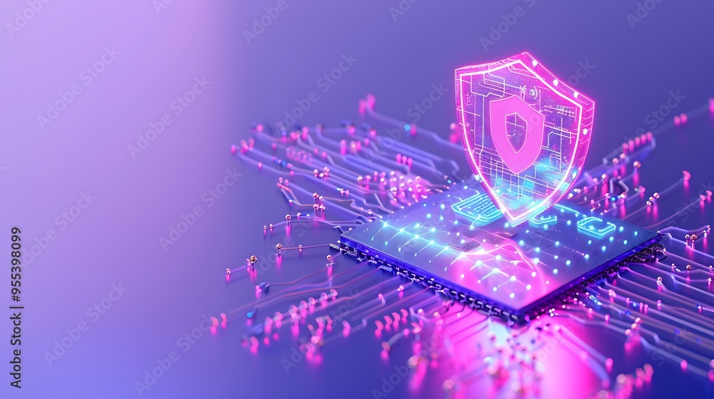 Poster digital security concept with a shield icon on a microchip, reflecting data protection and cybersecu