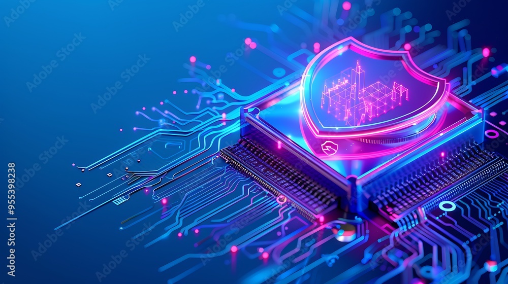 Poster digital security concept with a shield on a microchip, representing data protection and cybersecurit