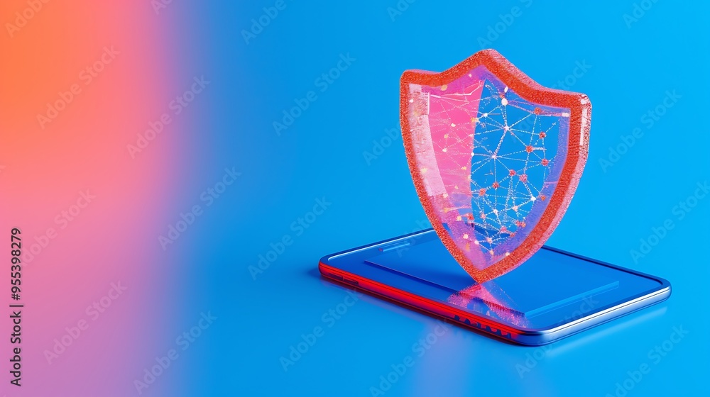 Poster digital security concept with a shield on a smartphone illustrating data protection, cybersecurity, 