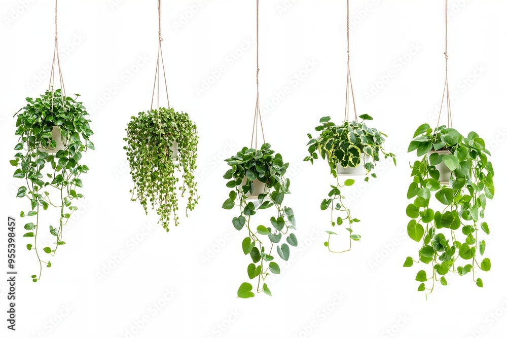 Poster a row of hanging plants with different shapes and sizes