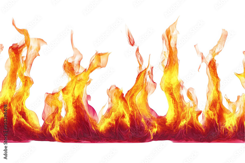 Poster a fiery abstract background with a white transparent background and a row of flames in orange and ye