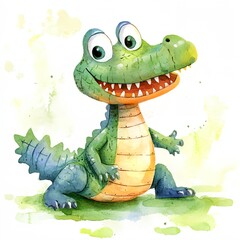 Fototapeta premium A cartoon crocodile with a big smile on its face. It is sitting on the grass. The crocodile is green and yellow