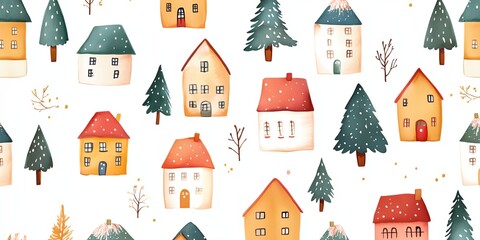 A winter scene with houses and trees. The houses are red and white and are spread out across the snowy landscape. The trees are bare and the snow is covering the ground