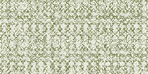 Batik small floral or sun motif in geometric squares on distressed boho textured linen in sage green and natural white. A fashion or interior design repeat wallpaper pattern textile. 3D rendering.