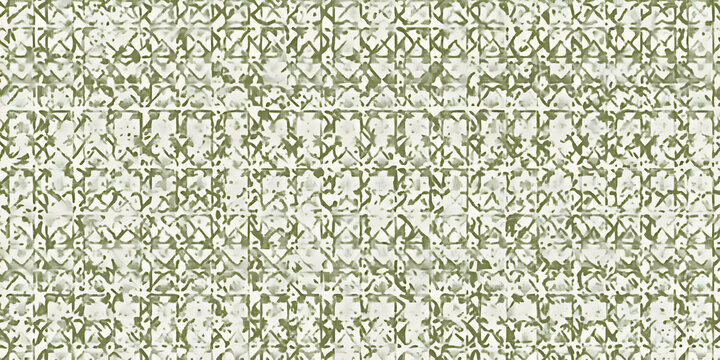Batik small floral or sun motif in geometric squares on distressed boho textured linen in sage green and natural white. A fashion or interior design repeat wallpaper pattern textile. 3D rendering.