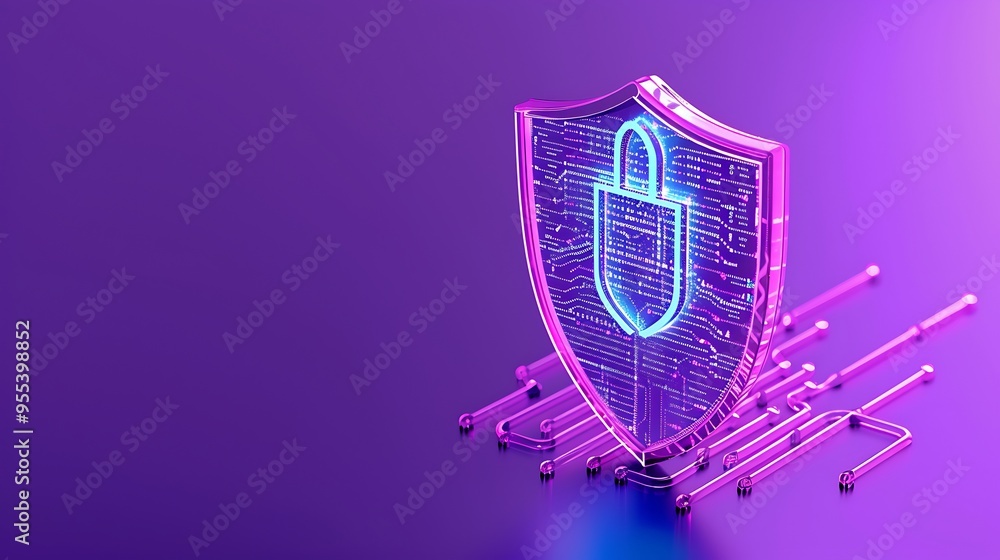 Poster digital security concept with glowing shield and padlock symbol on a purple background, representing